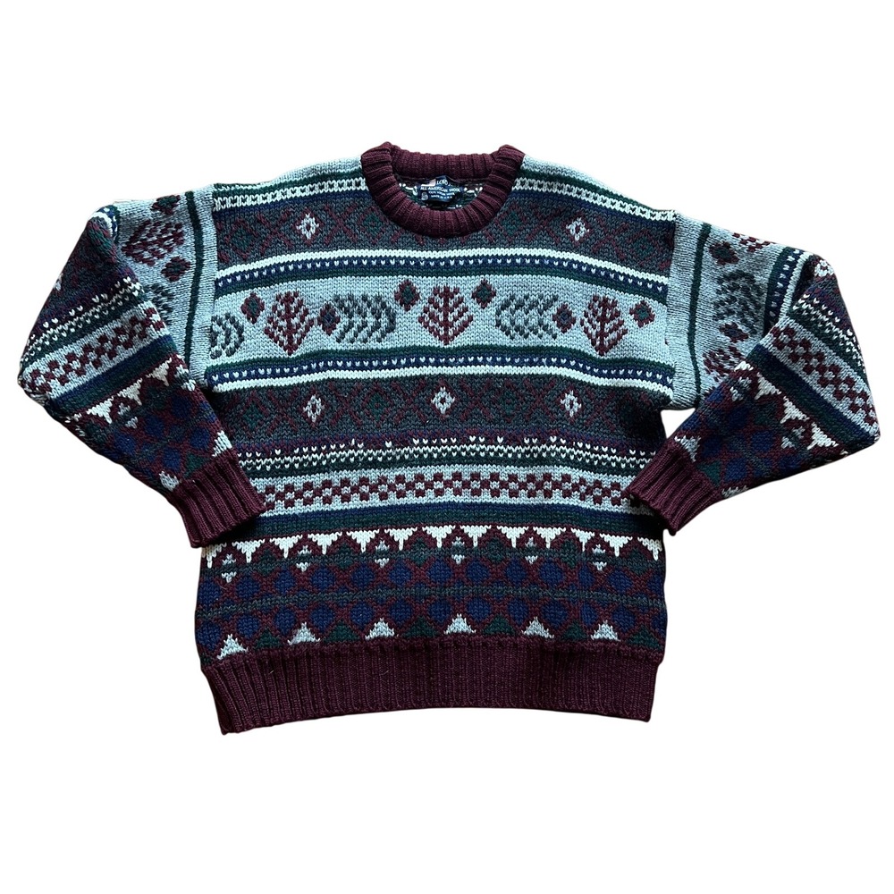 Lord Jeff Fair Isle Wool Sweater‎ Nordic Knit USA Burgundy Green Mens L USA